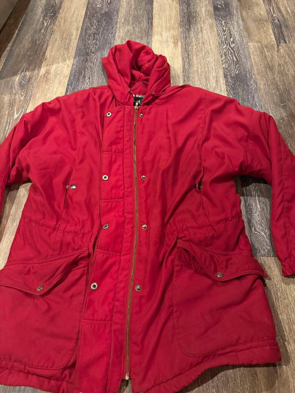 Larry Levine Red Hooded Parka Coat Full Zip Snap Pockets Mid-Length Size L
